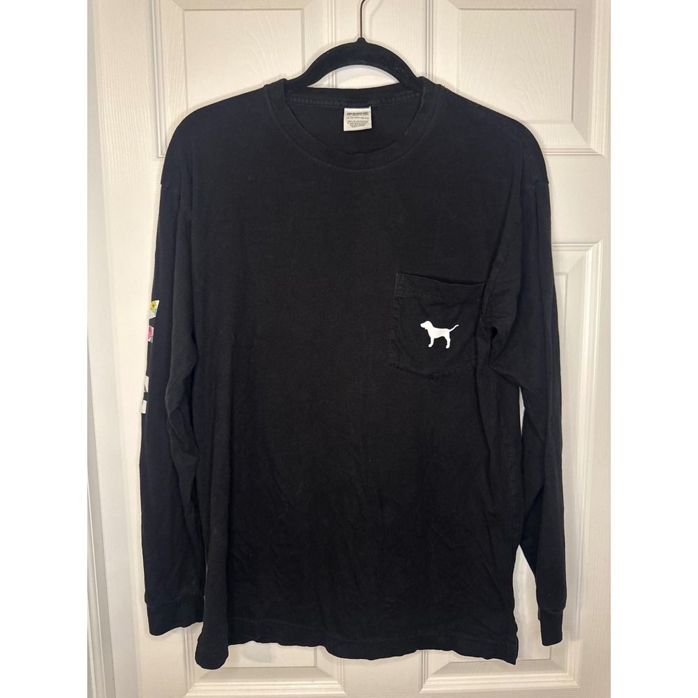 Victorias Secret PINK Long Sleeve Pocket T-Shirt Black Floral Graphic XS